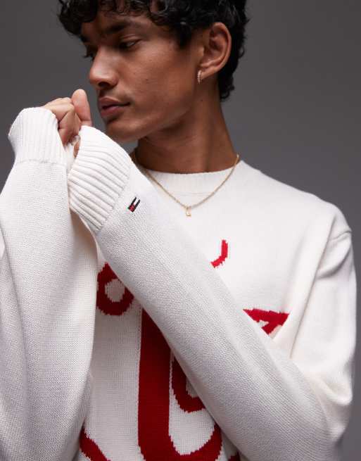 Tommy Jeans swirly intarsia knit jumper in white and red, 3 of 4