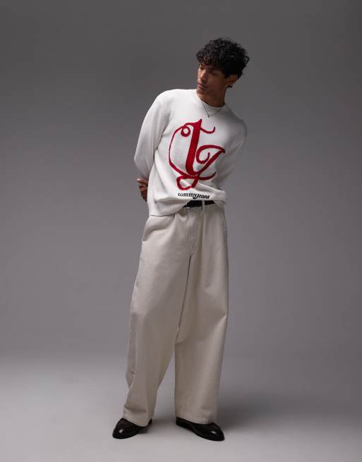 Tommy Jeans swirly intarsia knit jumper in white and red, 4 of 4