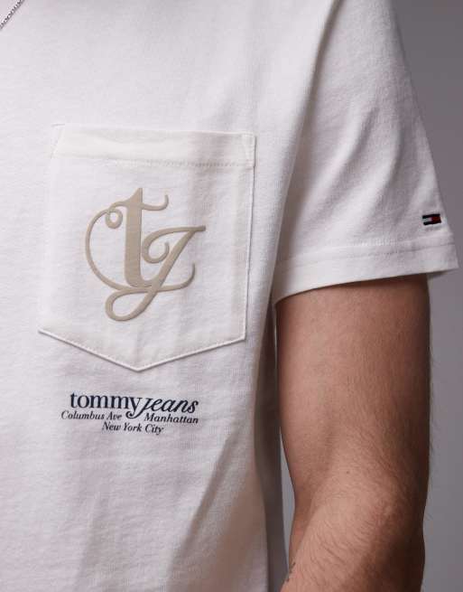 Tommy Jeans swirly logo back print pocket t-shirt in off white, 2 of 4