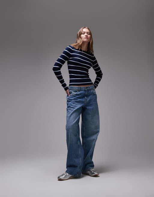 Tommy Jeans - T-shirt a maniche lunghe blu navy a righe a coste, 2 di 4