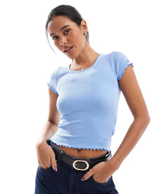 Tommy Jeans - T-shirt ajusté côtelé à manches volantées - Bleu