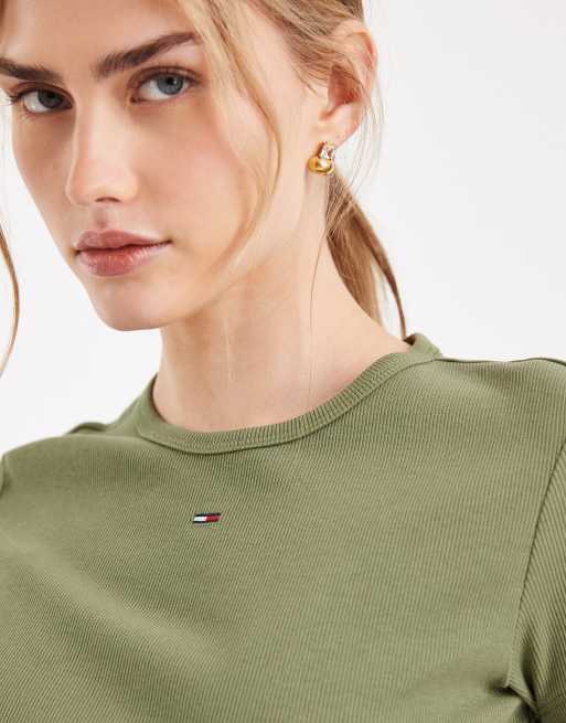Tommy Jeans - T-shirt basique ajusté en tissu côtelé - Kaki, 3 de 4