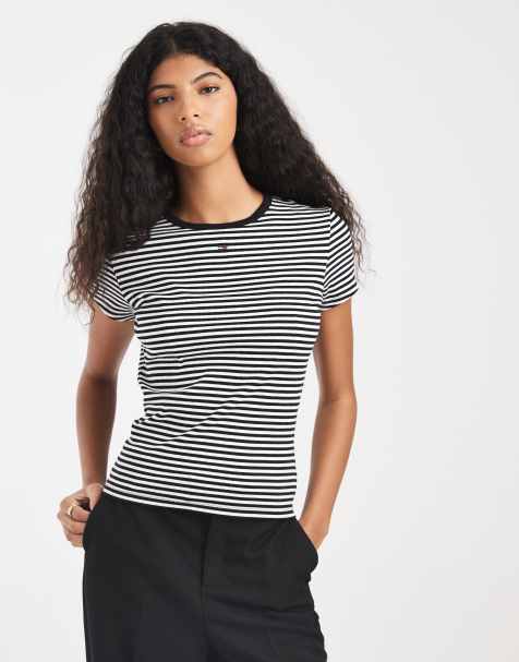 Tommy Jeans - T-shirt basique et ajusté en tissu côtelé rayé - Noir - view 1