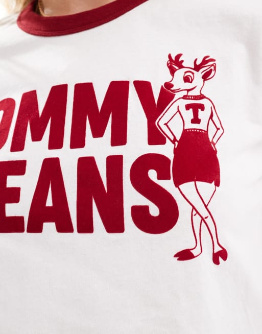 Tommy Jeans T shirt bianca e rossa con bordi a contrasto e grafica di renna