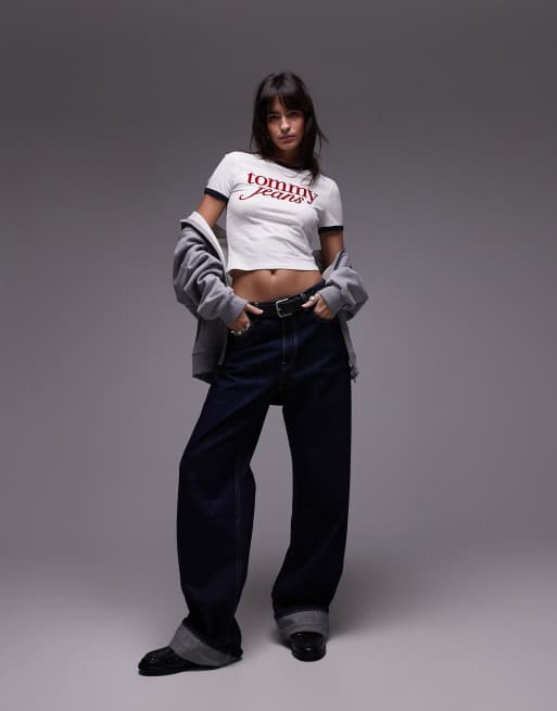 Tommy Jeans - T-shirt bianco sporco con bordi blu navy e scritta, 2 di 4