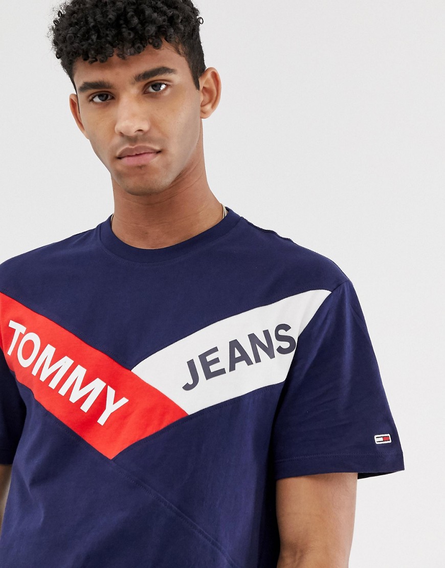 Tommy Jeans - T-shirt blu navy a spina di pesce con fettuccia sul petto