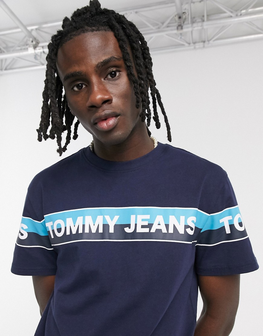 Tommy Jeans - T-shirt blu navy con doppia riga e logo sul petto