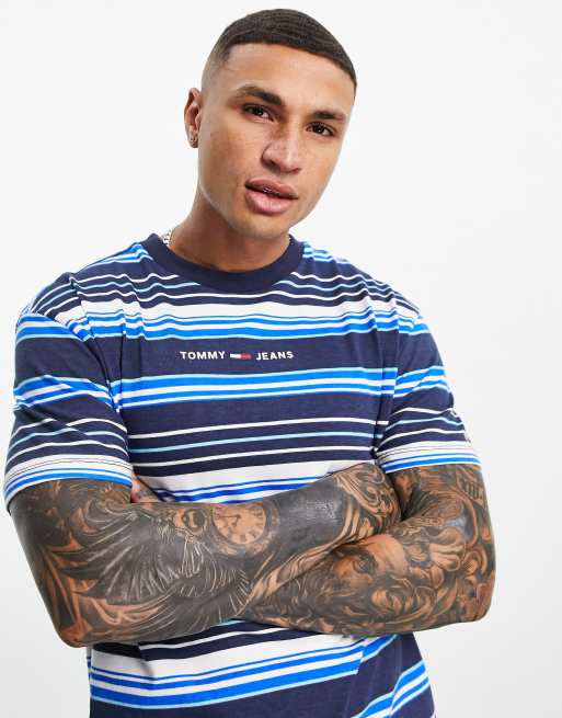 Tommy Jeans - T-shirt blu navy con righe multicolore e logo lineare