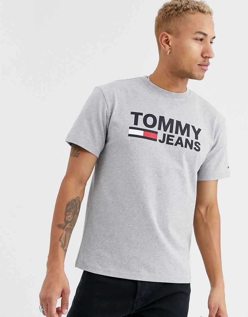 Tommy Jeans - T-shirt classica grigio mélange con logo a bandiera sul petto