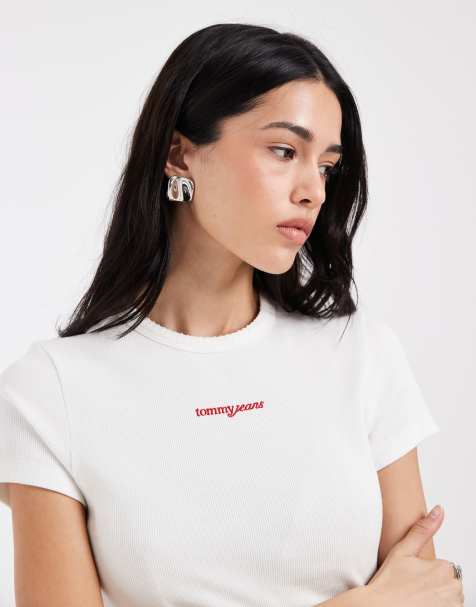 Tommy Jeans - T-shirt côtelé ajusté à inscription logo - Blanc - view 1