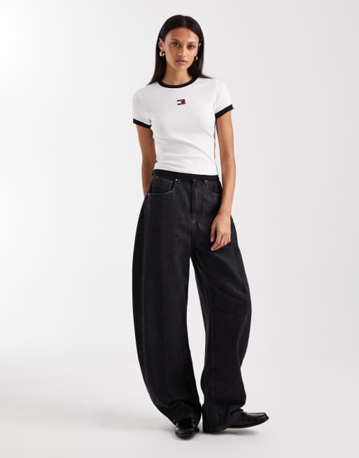 Tommy Jeans - T-shirt côtelé ajusté à liserés contrastants - Blanc, 4 de 4