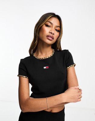 Tommy Jeans cropped leopard print binding t-shirt in black - ASOS Price Checker