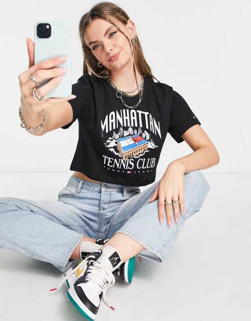 Tommy Jeans - T-shirt crop top court en coton - Noir - BLACK