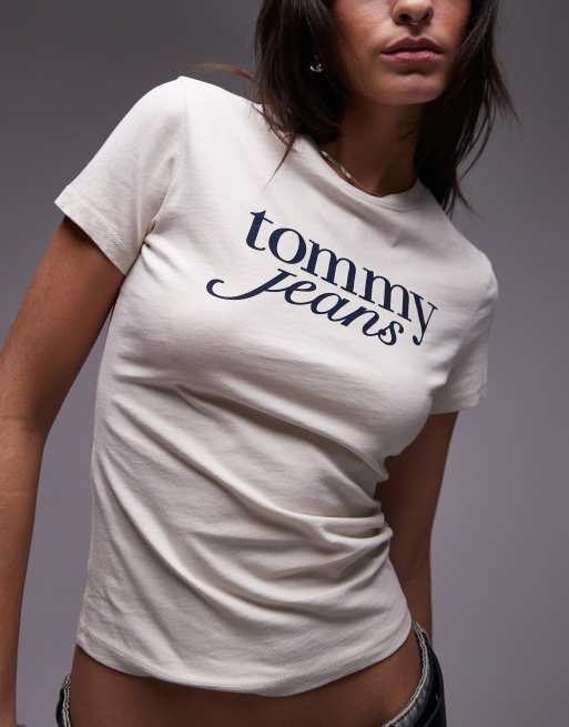 Tommy Jeans - T-shirt effet rétréci avec inscription logo rétro - Blanc cassé, 4 de 4