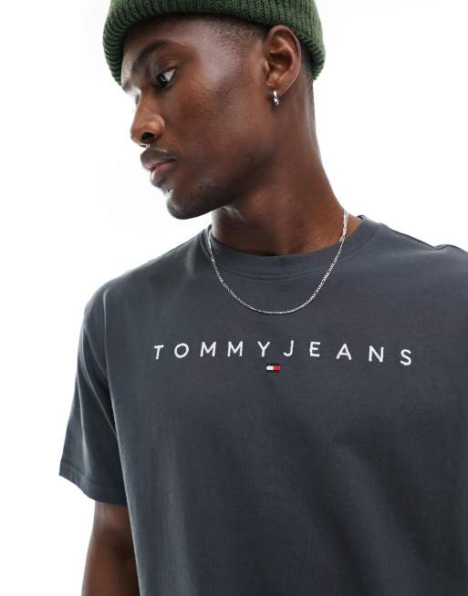 Tommy Jeans – T-Shirt in Anthrazit mit normalem Schnitt und linearem Logo