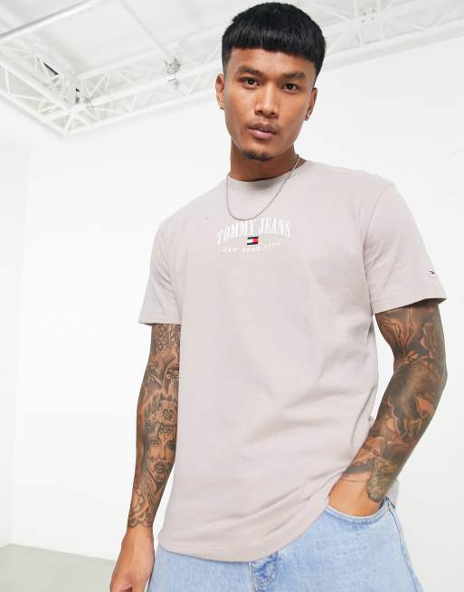 Tommy Jeans - T-shirt in cotone color pietra con logo piccolo stile college vestibilità classica