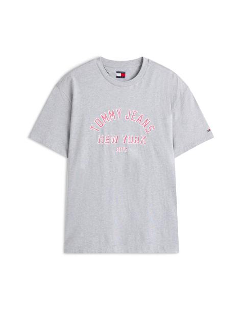 Tommy Jeans – T-Shirt in Grau mit mittigem College-Logo in Rosa - view 1