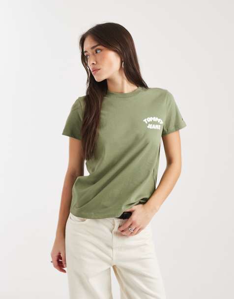 Tommy Jeans – T-Shirt in Khaki mit Bubble-Logo  - view 1