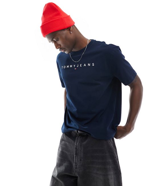 Tommy Jeans – T-Shirt in Marineblau mit normalem Schnitt und linearem Logo