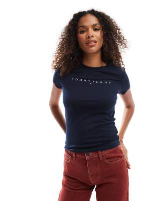 Tommy Jeans - T-Shirt in Marineblau mit schmalem Schnitt und linearem Logo