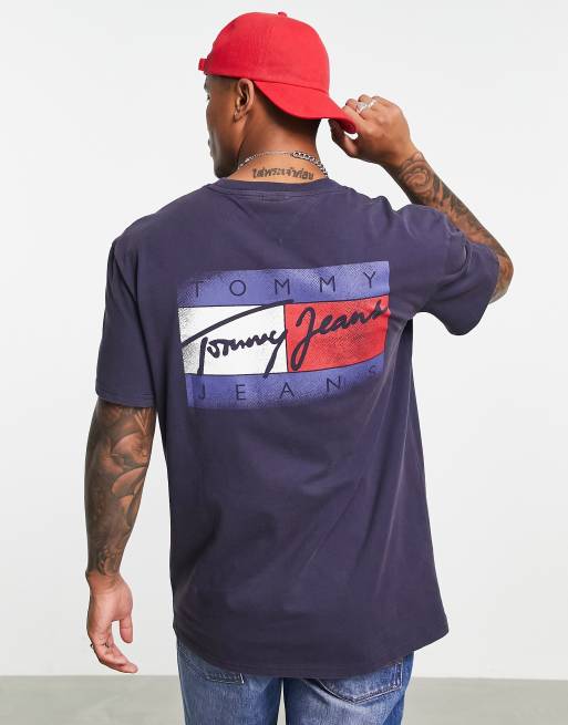 Tommy Jeans – T-Shirt in Marineblau mit verblasstem Flaggen-Logoprint hinten