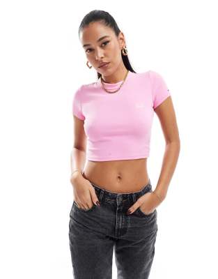 Tommy Jeans - T-Shirt in Pink mit schmalem Schnitt und Schriftzug-Rosa