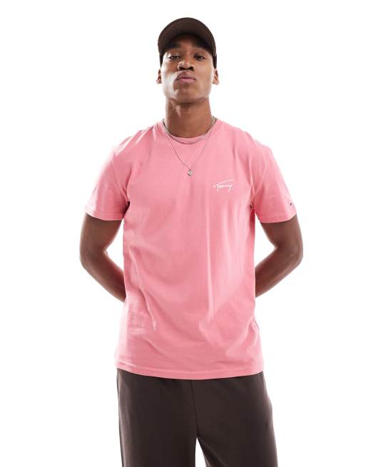 Tommy Jeans – T-Shirt in Rosa mit gesticktem Signatur-Logo