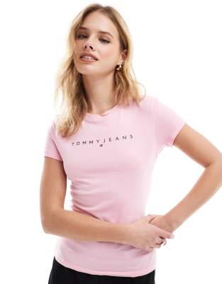 Tommy Jeans - T-Shirt in Rosa mit schmalem Schnitt und linearem Logo