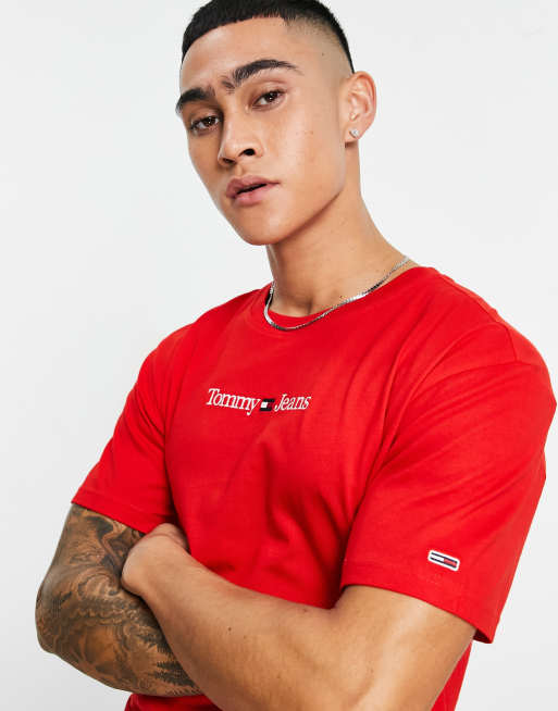 Tommy Jeans – T-Shirt in Rot mit klassischem Schnitt und linearem Logo