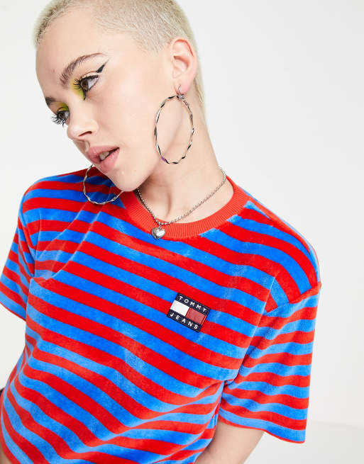 Tommy Jeans - T-shirt in velour a righe multicolore