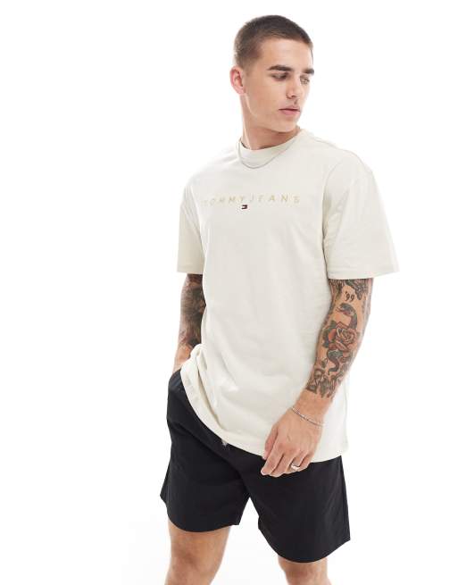 Tommy Jeans - T-shirt met goudkleurig lineair logo in gebroken wit