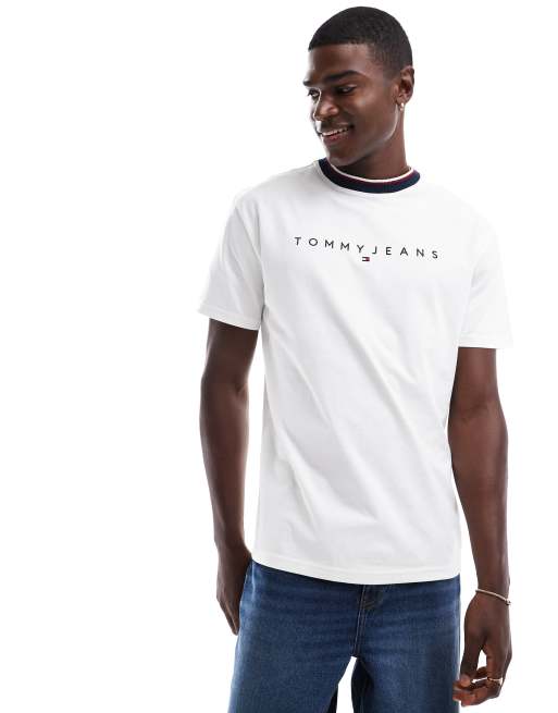 Tommy Jeans - T-shirt met lineair logo en gekleurd randje in wit