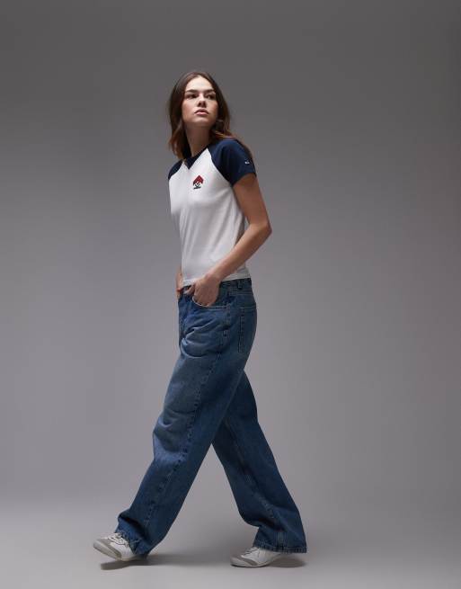 Tommy Jeans - T-shirt met raglanmouwen in wit en marineblauw, 4 van 4