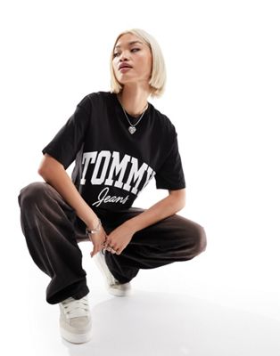 Tommy Jeans oversized cropped new varsity logo short sleeve t-shirt in black - ASOS Price Checker