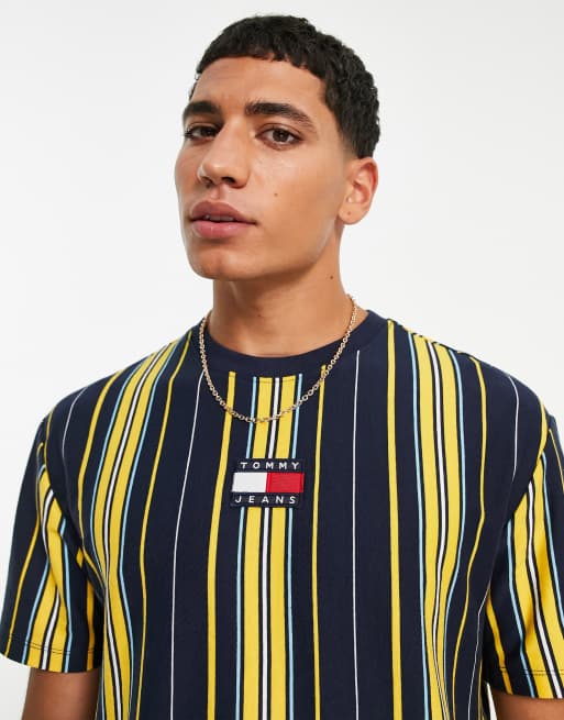 Tommy Jeans - T-shirt rayé avec logo drapé au centre - Bleu marine