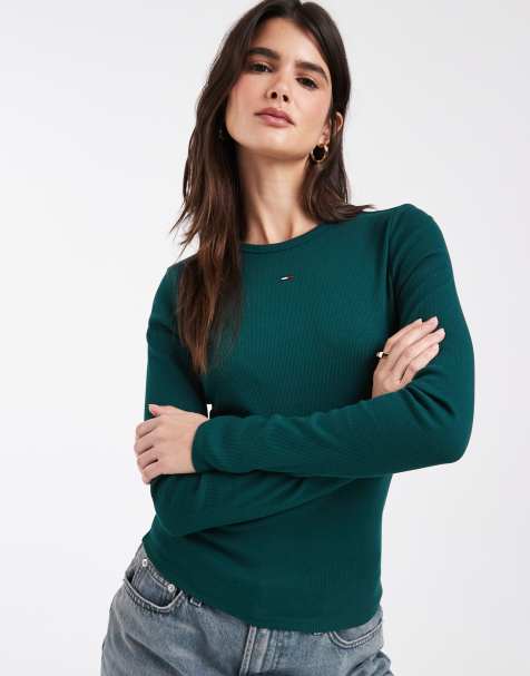 Tommy Jeans t-shirt slim à manches longues avec logo drapeau en vert foncé - view 1