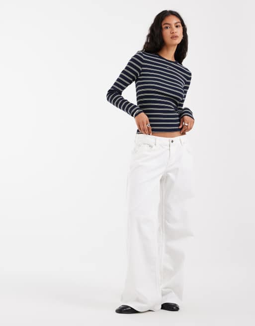 Tommy Jeans - T-shirt slim a maniche lunghe blu navy a righe con logo a bandiera, 3 di 4