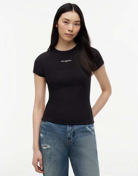 Tommy Jeans - T-shirt slim côtelé à logo - Noir - view 1