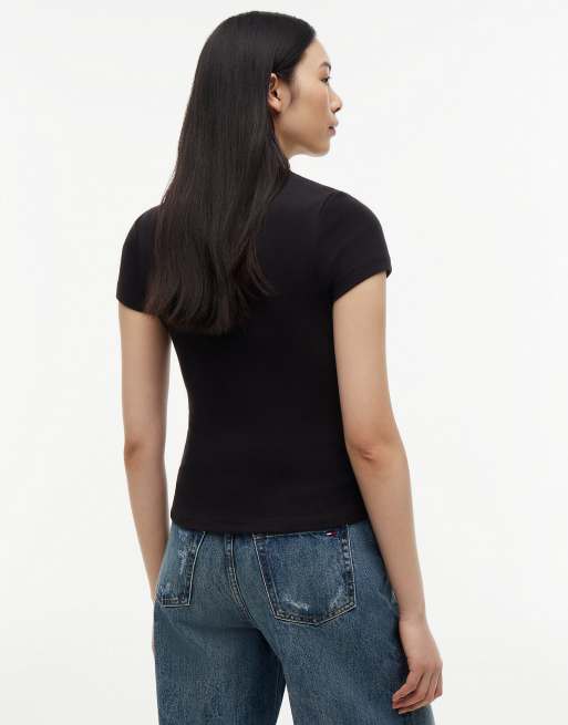 Tommy Jeans - T-shirt slim côtelé à logo - Noir, 4 de 6