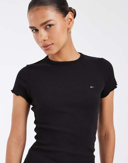 Tommy Jeans - T-shirt slim fit nera a coste con bordi smerlati, 2 di 4