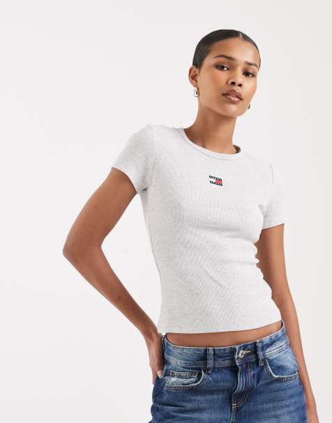 Tommy Jeans - T-shirt slim grigia a coste con stemma - view 1