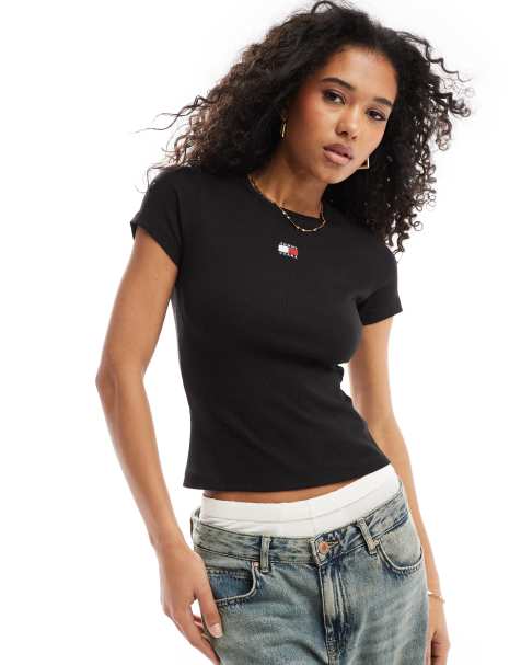 Tommy Jeans - T-shirt slim nera a coste con stemma - view 1