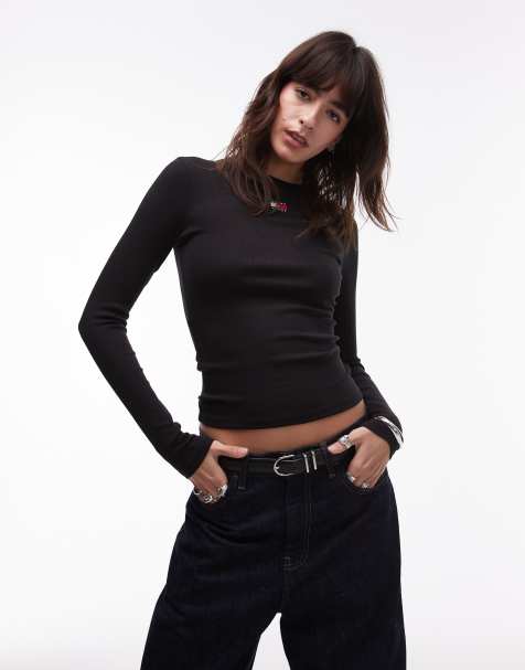 Tommy Jeans - T-shirt slim nera a maniche lunghe con stemma - view 1