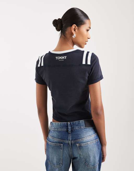 Tommy Jeans - T-shirt slim stile college blu navy, 4 di 4