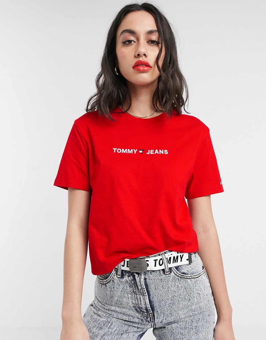 Tommy Jeans - T-shirt van organisch katoen met linear logo-Rood