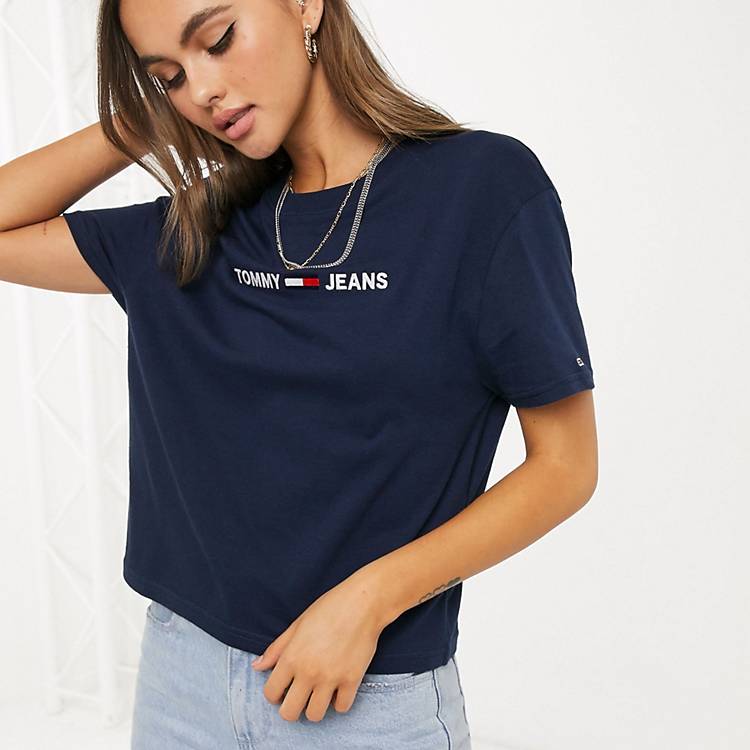 Tommy Jeans t-shirt with flag logo in navy | ASOS