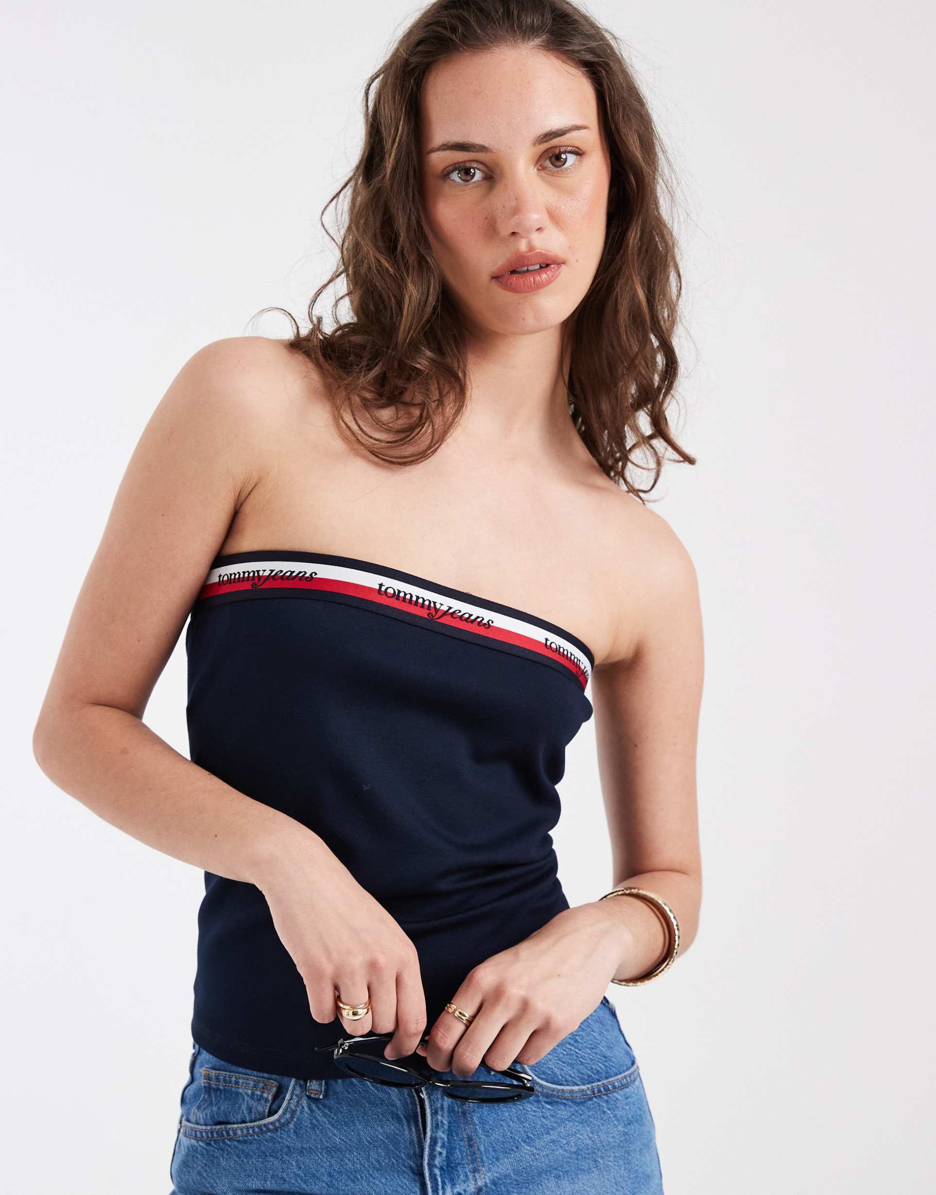 tommy jeans tape slim fit bandeau top in navy