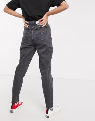 washed black mom tapered jeans