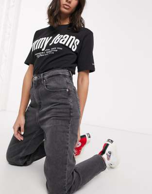washed black mom tapered jeans