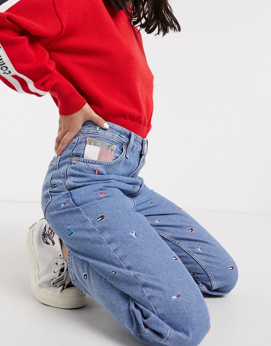 Tommy Jeans tapered mom jeans with all over embroidery in midwash blue